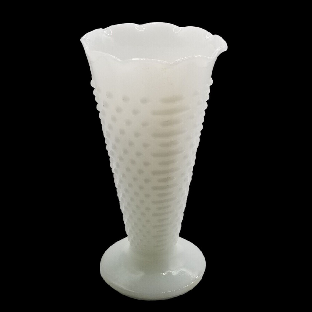 Vintage 9" White Milk Glass Hobnail Trumpet-Scalloped ruffled Edge Large Vase
